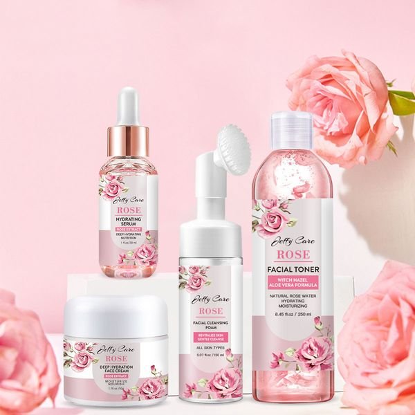 Private Label Moisturizing Rose Toner Facial Skin Anti Aging Lightening Cream Face Serum Face Wash Personal Skin Care Set