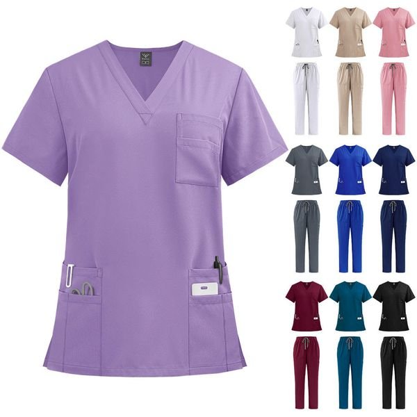 Unisex Scrubs Sets Comfortable Nursing Uniform Sets For Doctors Nurses Women Woven Fabric V-neck Top & Pants For Hospital Use